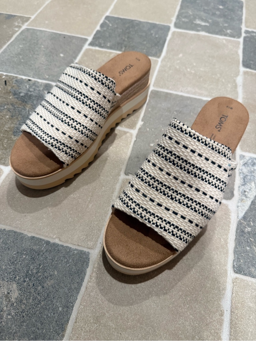 TOMS White & Black Woven Platform Slide Sandals